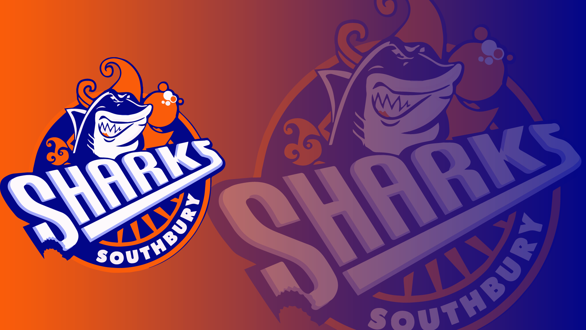 Southbury Shark logo on left with faded version 2x size on right over a orange to blue gradient. 